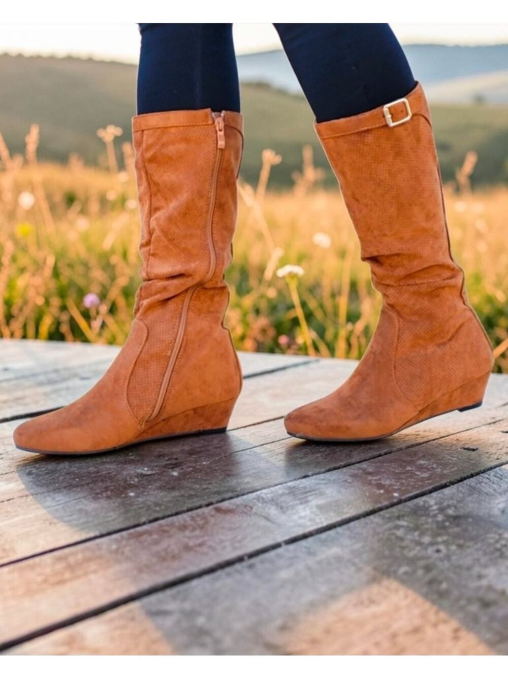 Tan Knee-High Faux Suede Wedge Boots With Side Zipper & Buckle Accent For Women - Picture 3 of 12